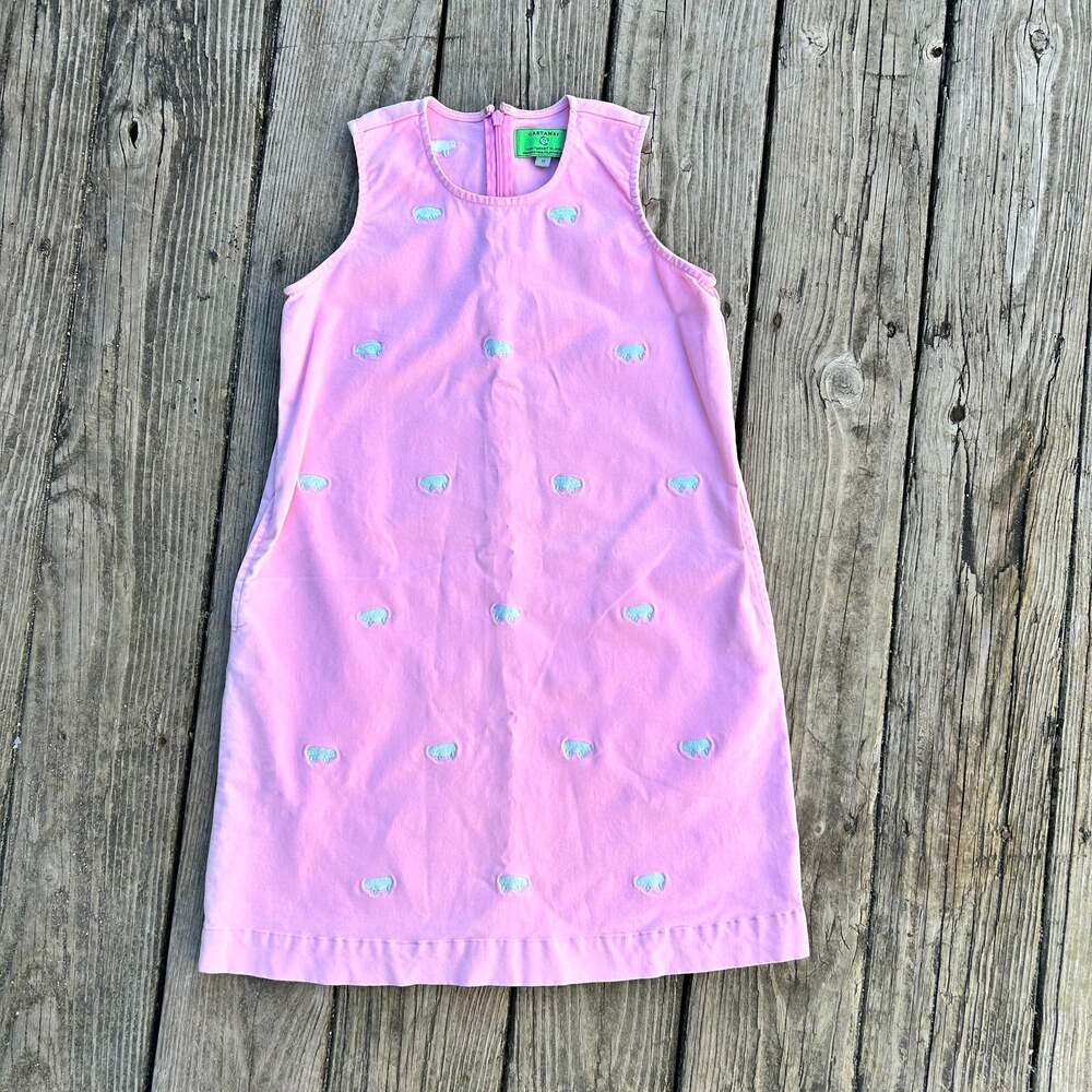 Castaway Nantucket Girls 12 Shift Dress Pink white embroidered pigs